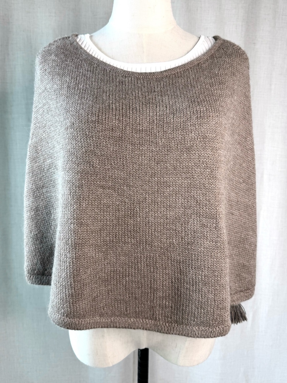 Alicia Adams Baby Alpaca Knit Poncho Taupe Tassel One Size Peru